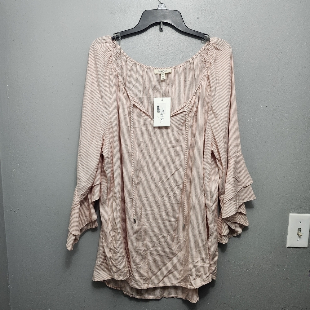 Como blue women's blouse top size 1X stripped orange and cream new with tags